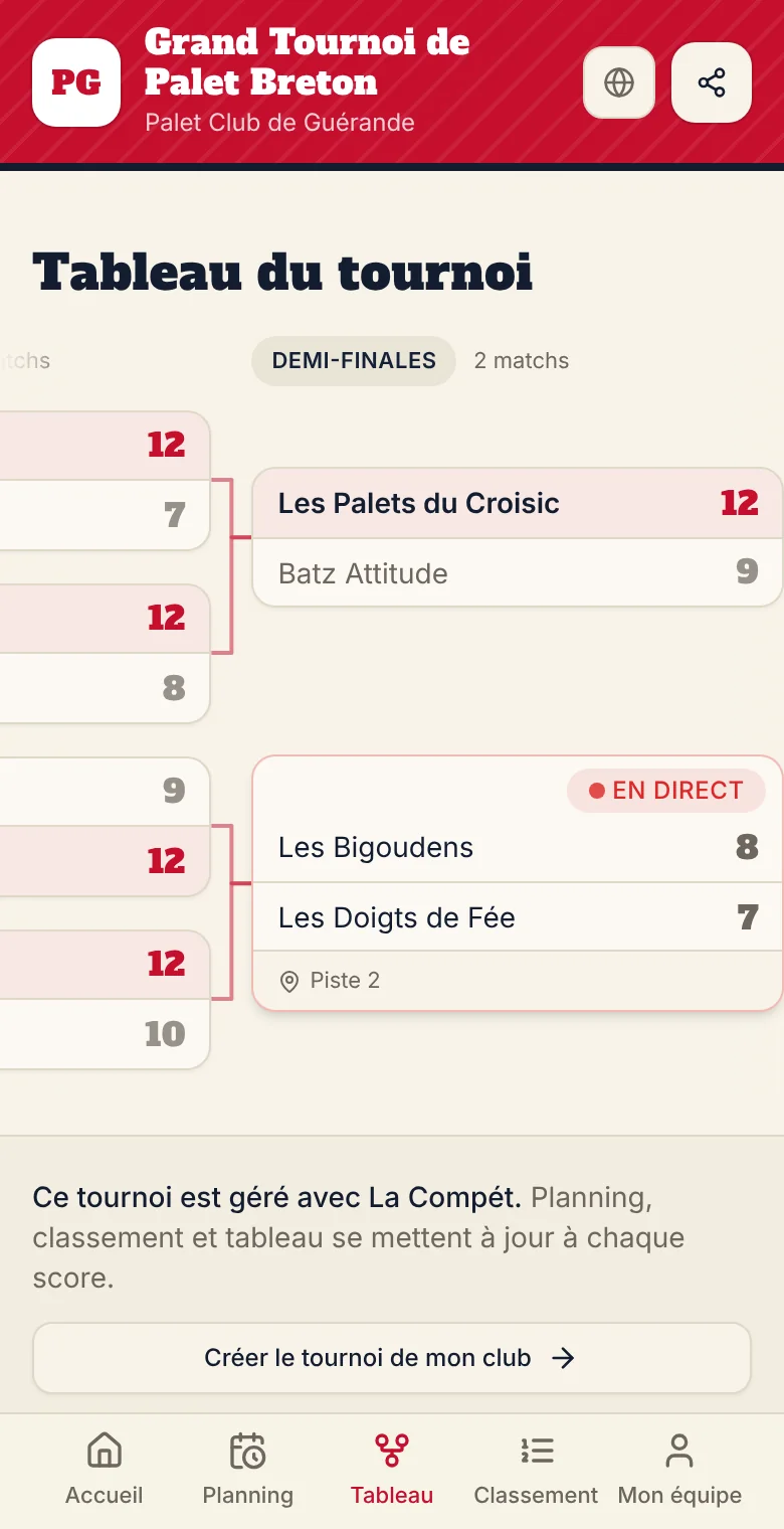 Le tableau à élimination directe d'un tournoi de palet breton sur téléphone, avec les demi-finales et les scores.