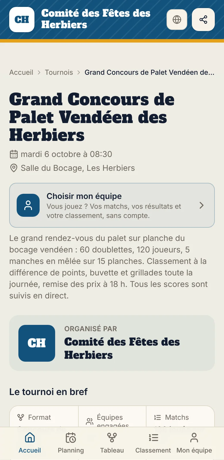 La page publique d'un concours de palet sur téléphone, aux couleurs du club organisateur, avec le bouton Choisir mon équipe.